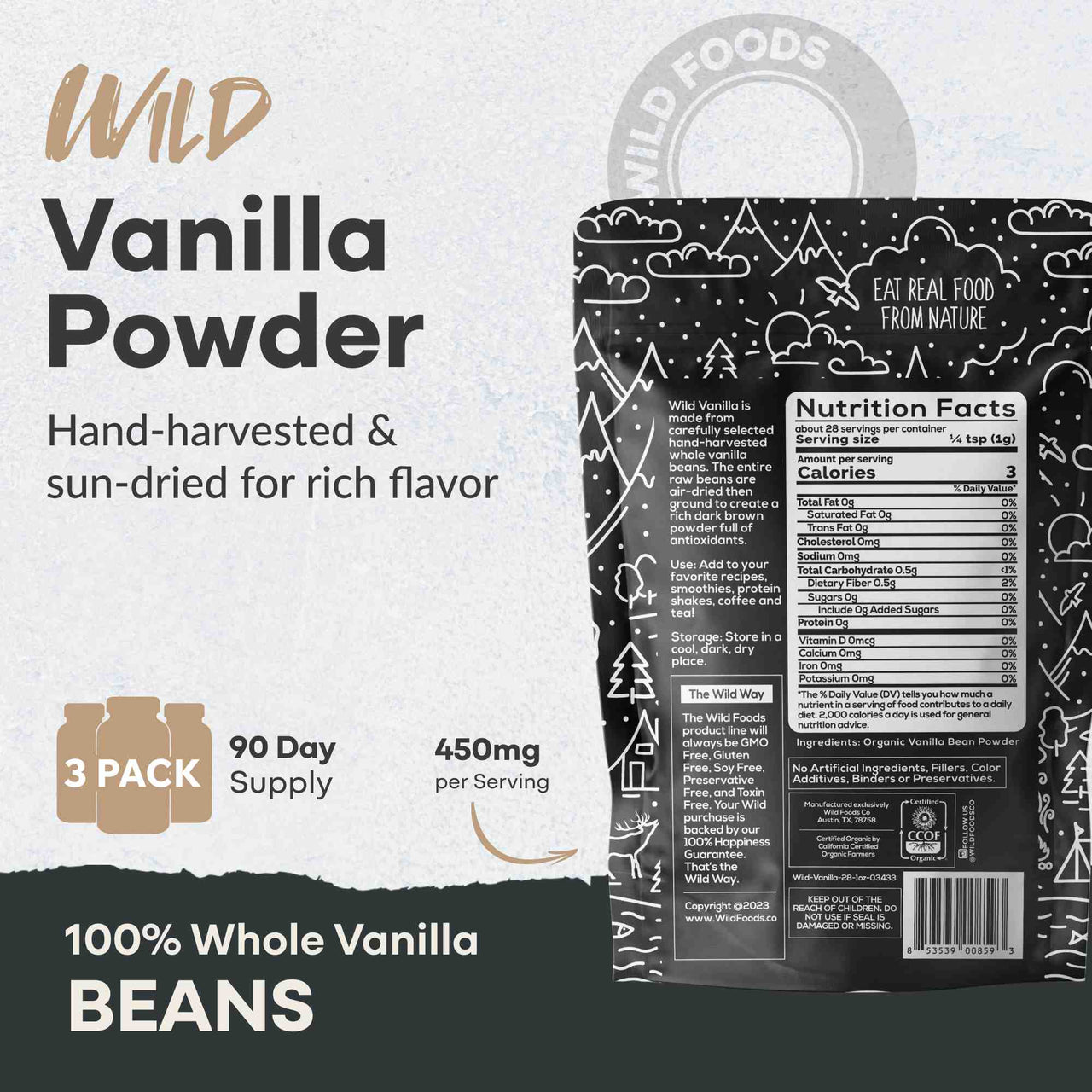 Vanilla Powder, 28 servings - Organic Ground Whole Vanilla Beans