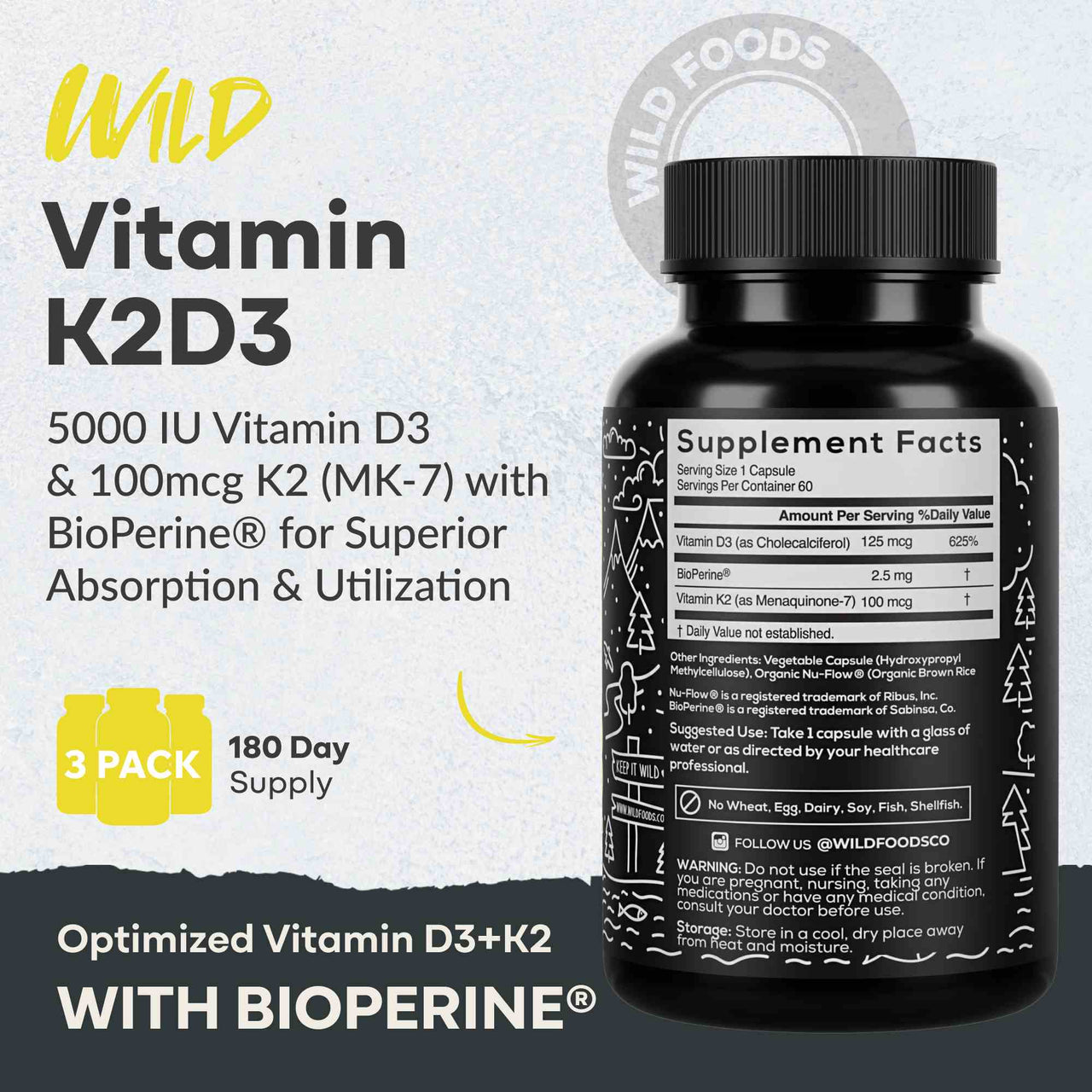 Vitamin K2 (MK-7) & Vitamin D3 (5000 IU) & Black Pepper Extract