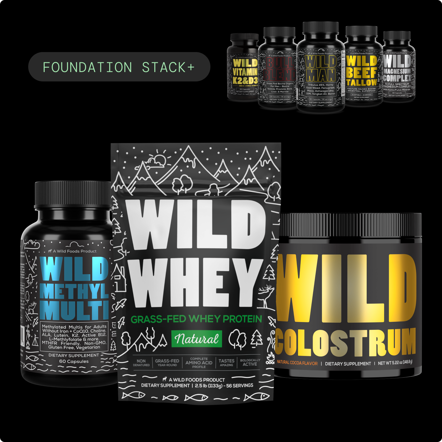 Supplements including Wild Whey Protein, Vitamins, and Methyl Multi on a black background.