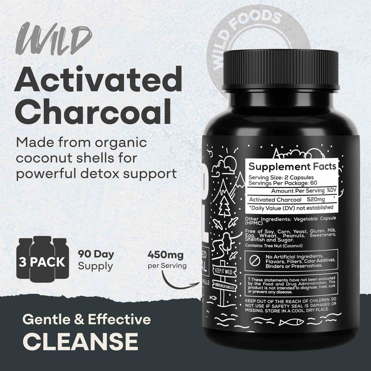 Activated Charcoal Capsules, 60 servings - Made from 100% Organic Coconuts